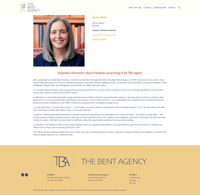 Bio of literary agent Jenny Bent