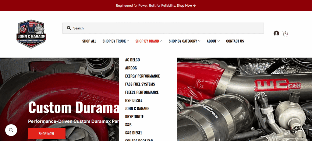 Updated mega menu for John C Garage’s website