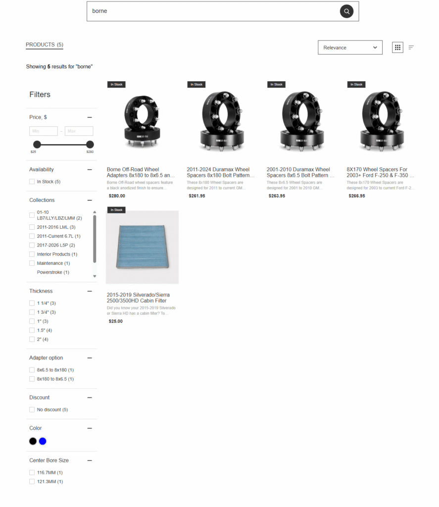 Old Search page for Borne products for John C Garage