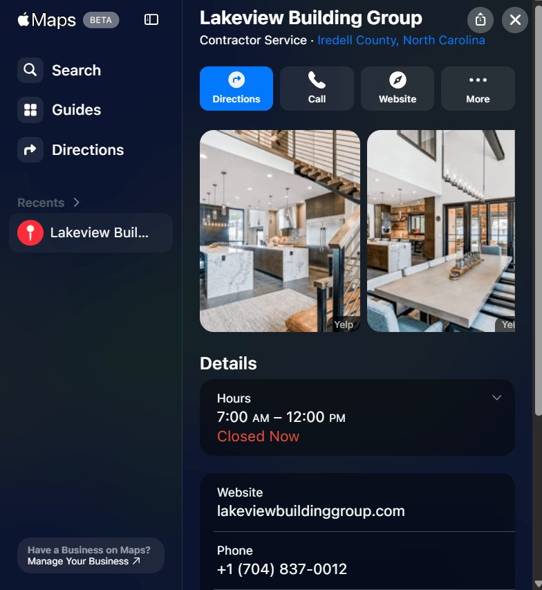 Lakeview Building Group’s Apple Maps Listing
