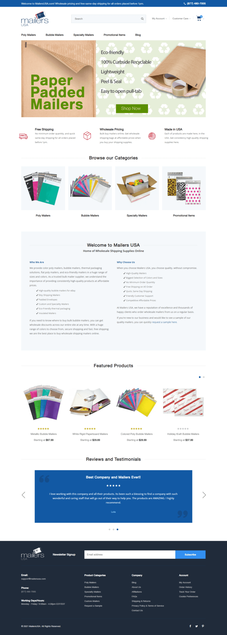 Mailersusa.com homepage with Paper padded Mailers image