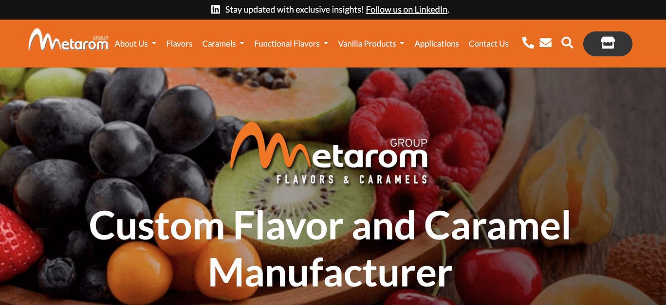 Updated Hello Bar with Follow Us on LinkedIn CTA on Metarom USA’s Home page