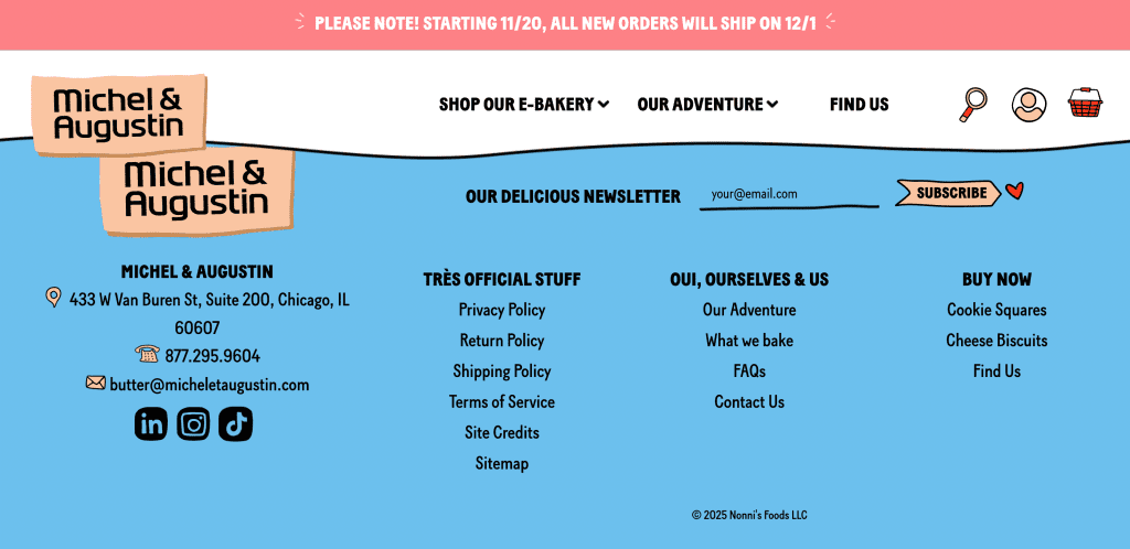 Optimized footer for food brand Michel et Augustin