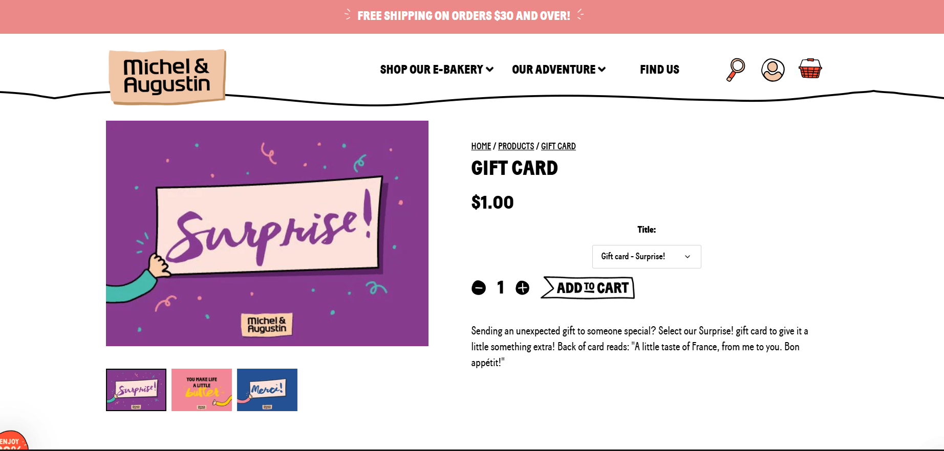 Gift Card page for Michel et Augustin