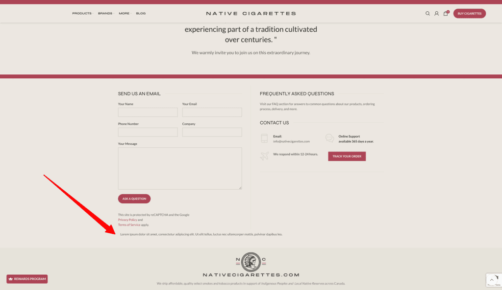 Native Cigarettes About page with Lorem Ipsum text
