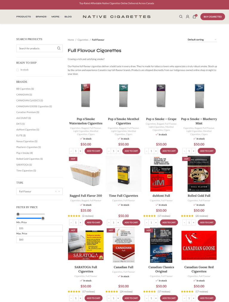 Native Cigarettes category page