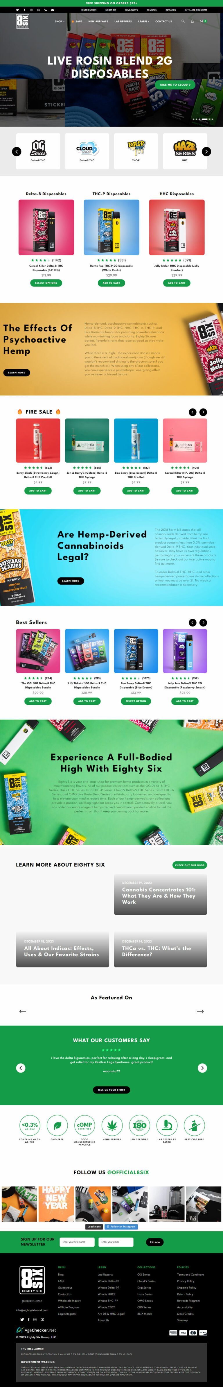 Newly designed homepage for CBD company Eighty Six Brand