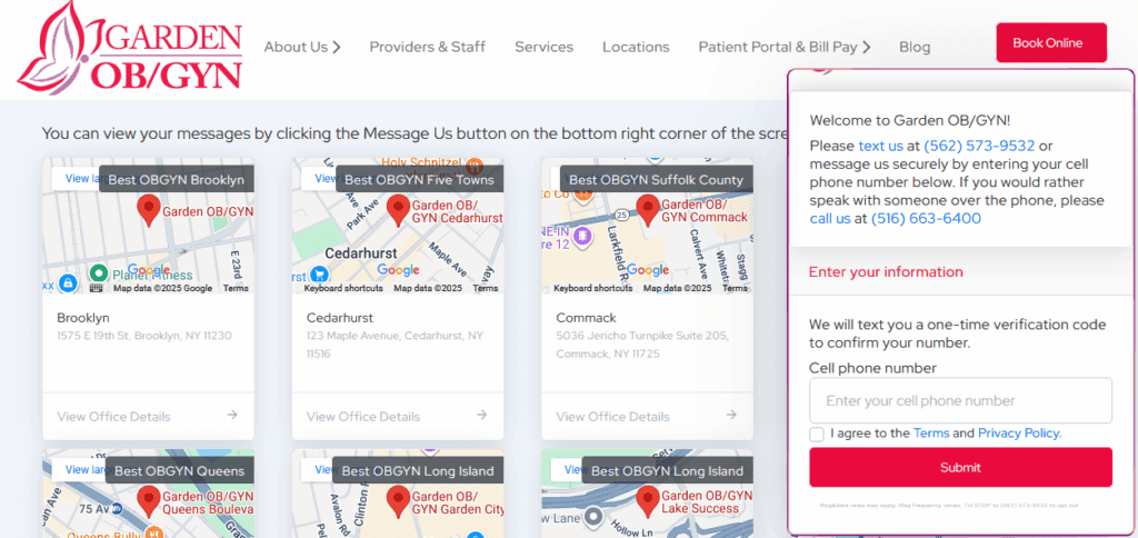 An OBGYN website utilizing maps and using AI to attract more patients with a live chat feature