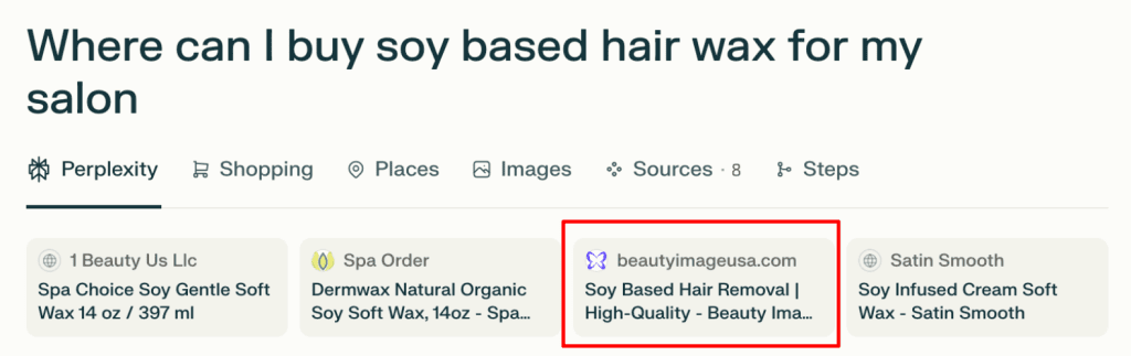 Screenshot showing CEM Beauty Image’s result for Where can I buy soy based hair wax for my salon in Perplexity