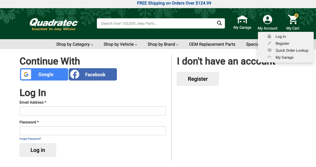 Account log in page for Quadratec’s My Garage