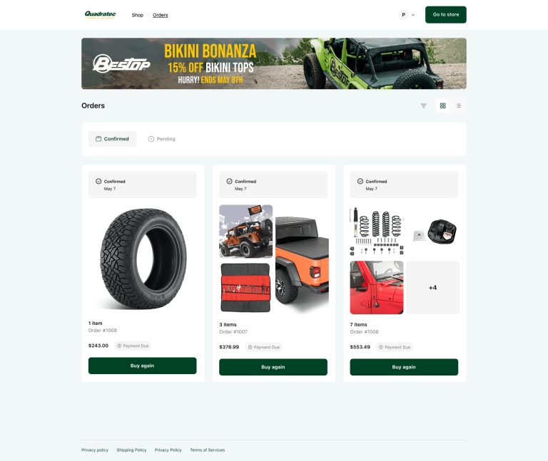 Order page details for Quadratec’s website