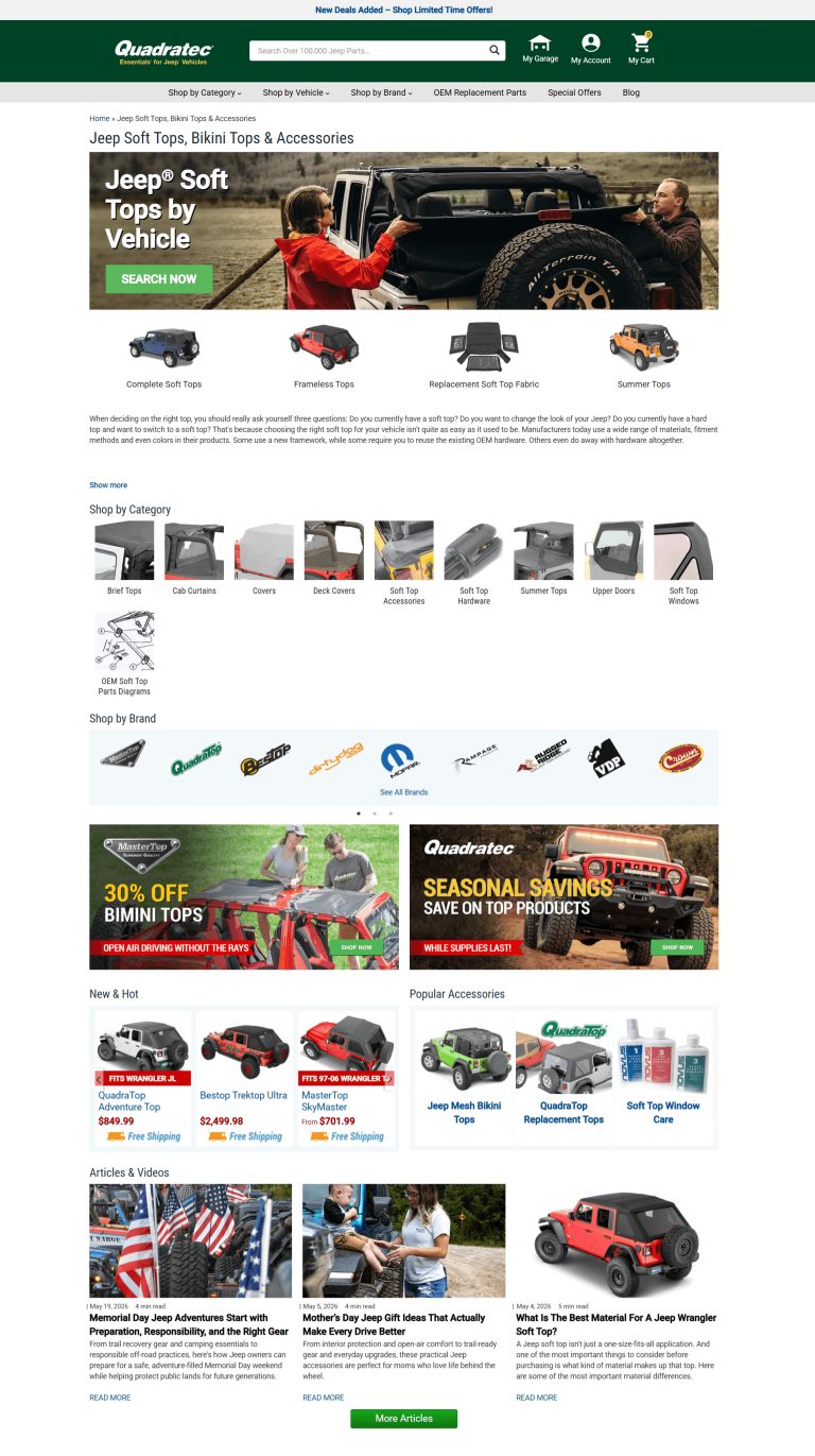 Jeep Soft Tops page on Quadratec new Shopify headless site