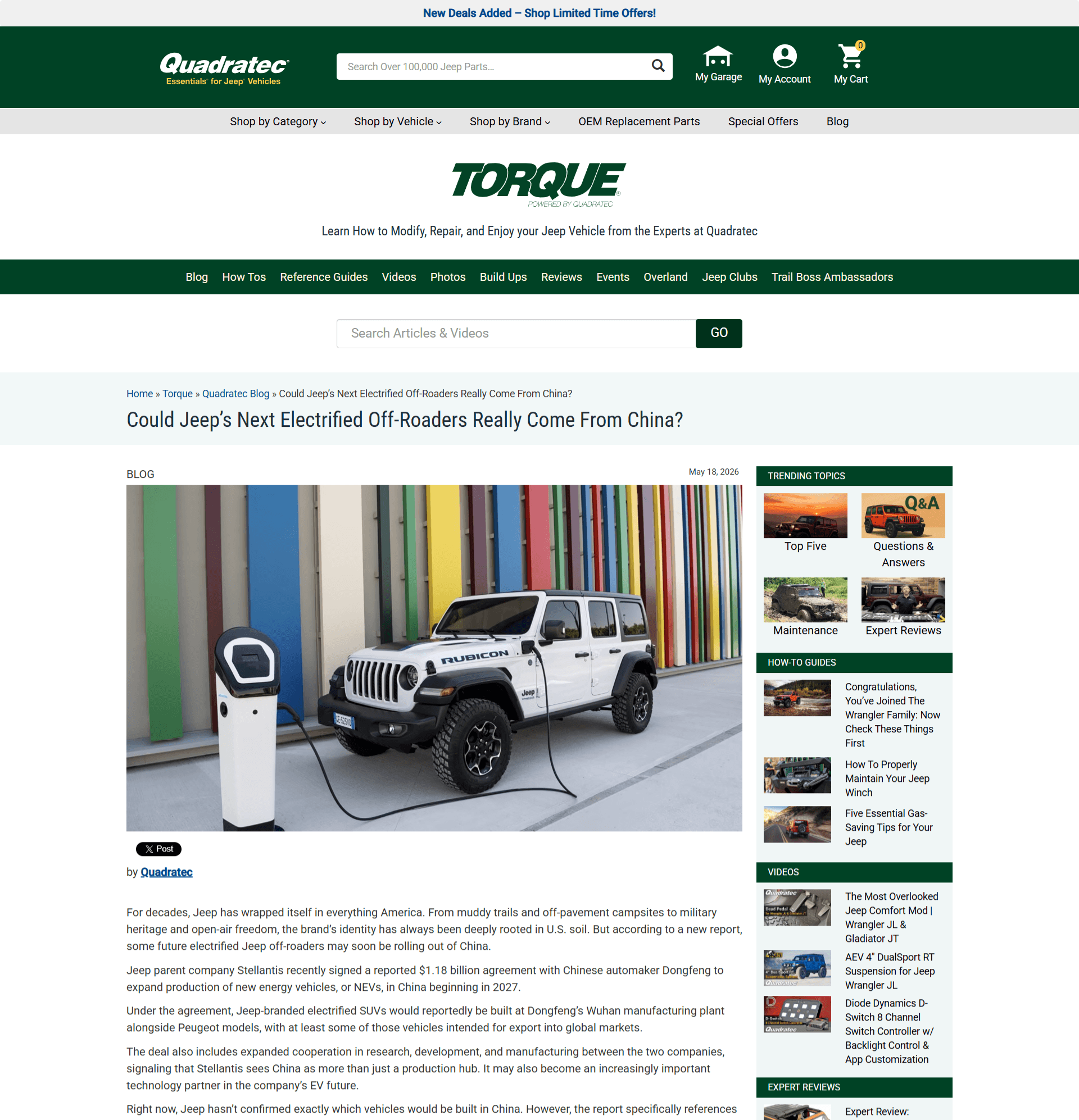 Blog post titled Could Jeep’s Next Electrified Off-Roaders Really Come From China? On Quadratec’s website