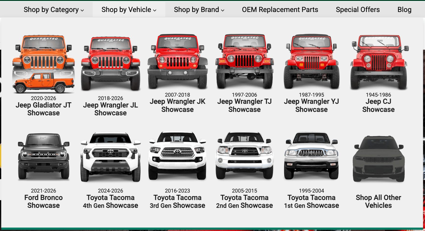 Quadratec dropdown menu - Shop by vehicle