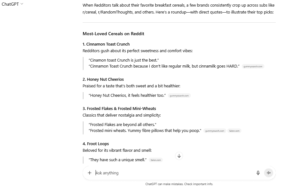 The results of a Reddit AI search about favorite breakfast cereals