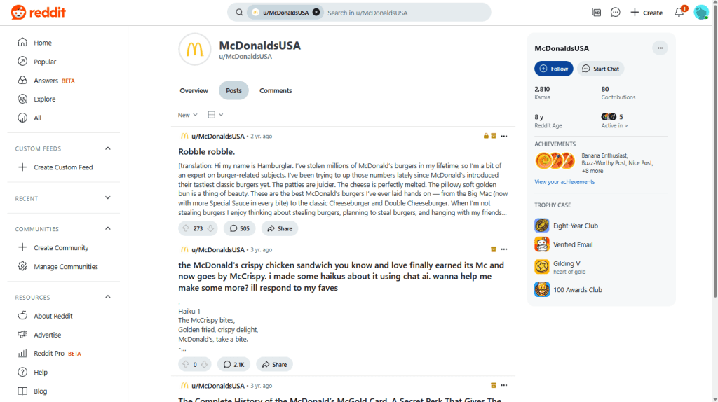 An overview of McDonald’s’s Reddit account, showing how this brand harnesses Reddit SEO