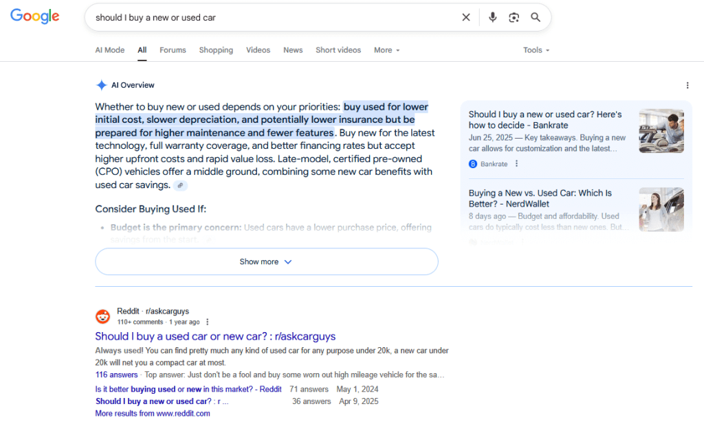 An example of Reddit showing up on the first page of a Google search