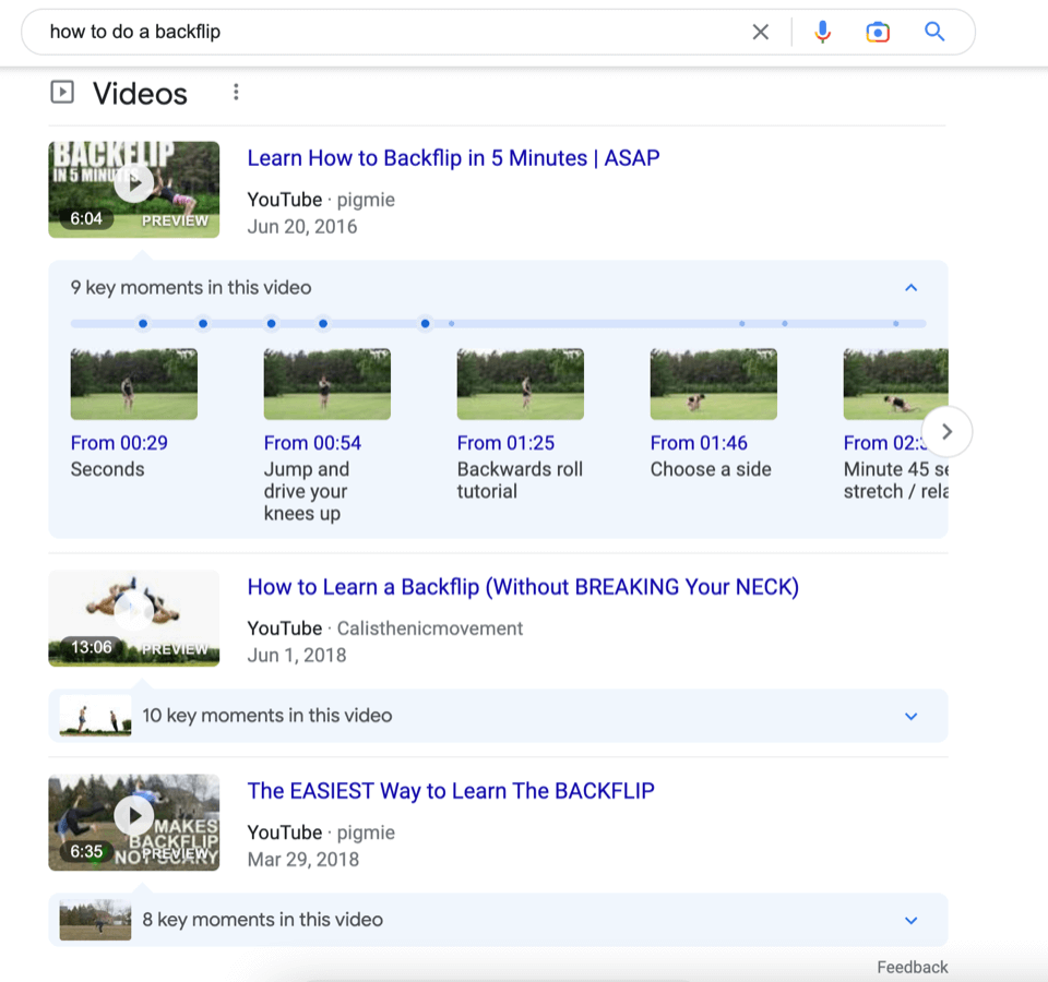 A search engine results page showing how to backflip