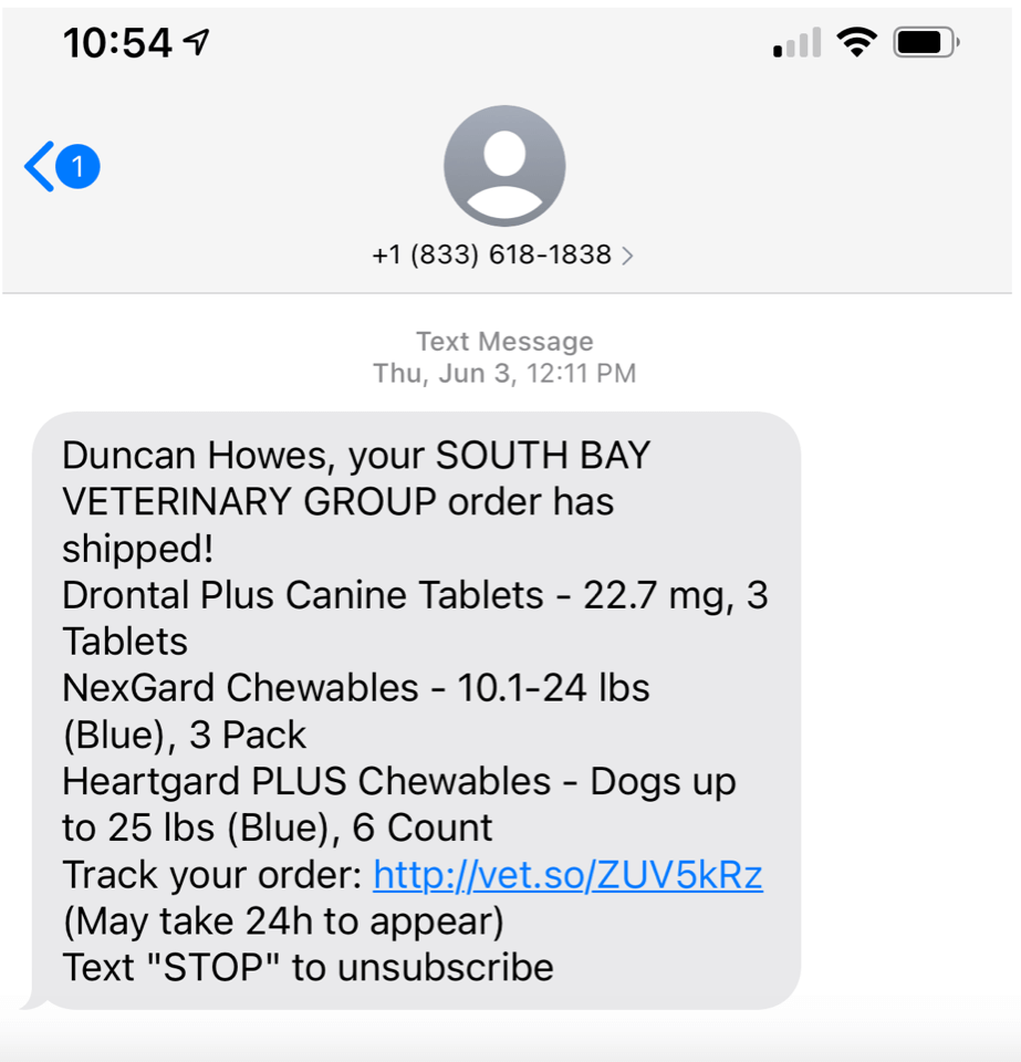 Veterinary Group SMS Order Confirmation