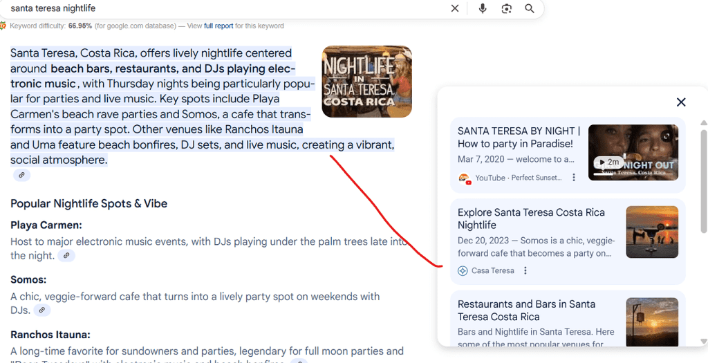 Google AI Overview search results showing Casa Teresa’s site for query Santa Teresa nightlife