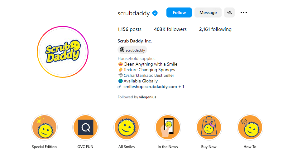 Image showing the Instagram profile of Scrub Daddy, a brand specializing in cleaning sponges
