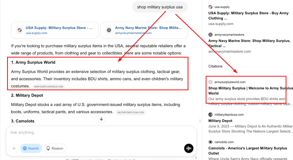 ChatGPT search results for Shop Military Surplus USA