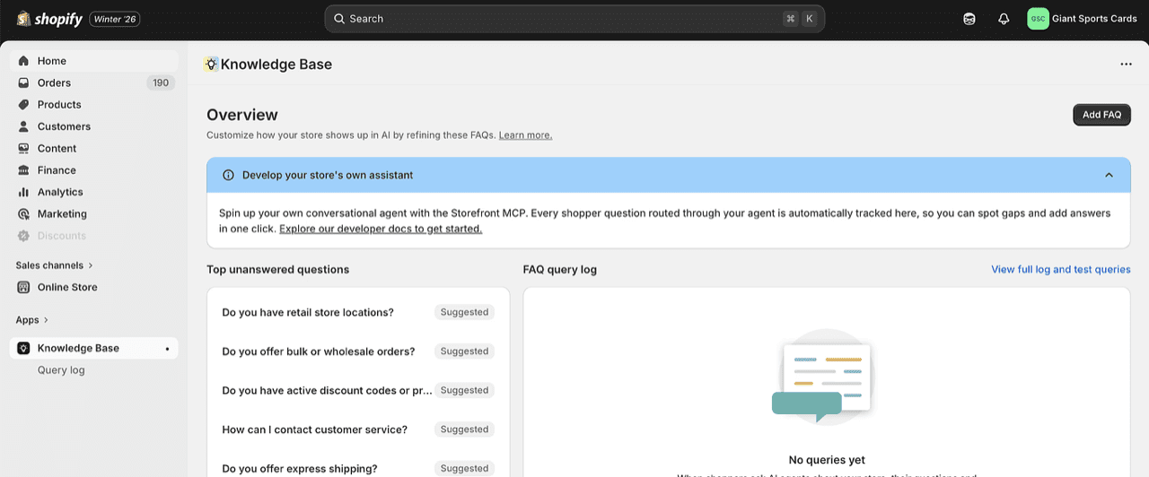 Screenshot showing Shopify’s Knowledge Base app installed on Giant Sport Cards’ website