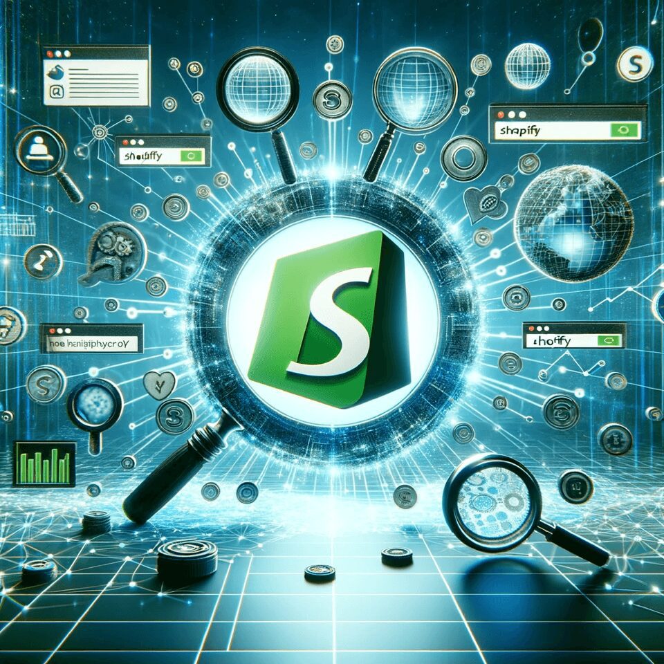 Image representing Shopify SEO, featuring Shopify's branding with various SEO elements, set in a futuristic and high-tech digital environment
