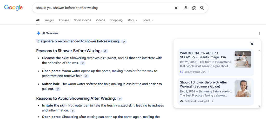 Image showing Google AI Overview search results for Should I shower before or after waxing query