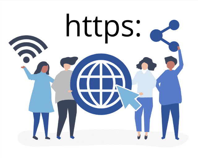 Illustration of women holding up internet and wifi symbols with “https:” at the top