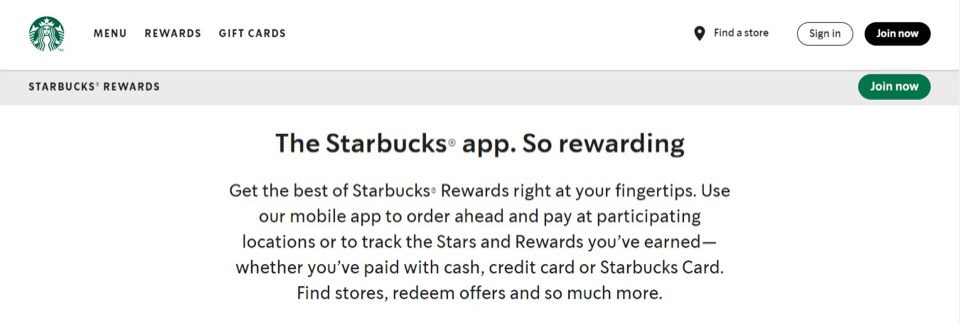 Capture d'écran de la page d'accueil de Starbucks Rewards