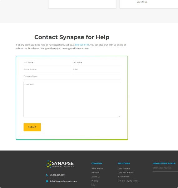 Custom Contact Us form for brand Synapse Payments