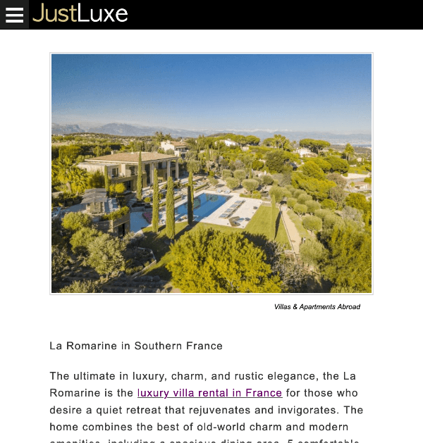 screenshot of a blog featuring Villas and Apartments Abroad