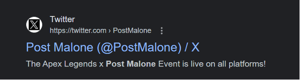 A Post Malone Twitter meta description pulled into the SERPs