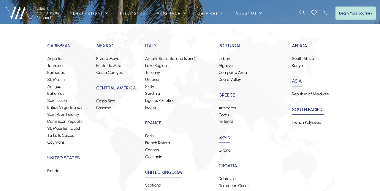 Mega Menu for the Villas and Apartments Abroad WordPress website