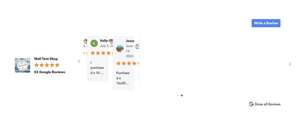 Formatting issue affecting the display of Google Reviews on Wall Tent Shop’s website