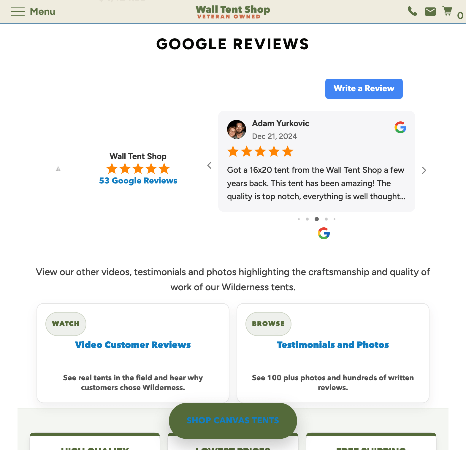 Google carousel product reviews for Wall Tent Shop