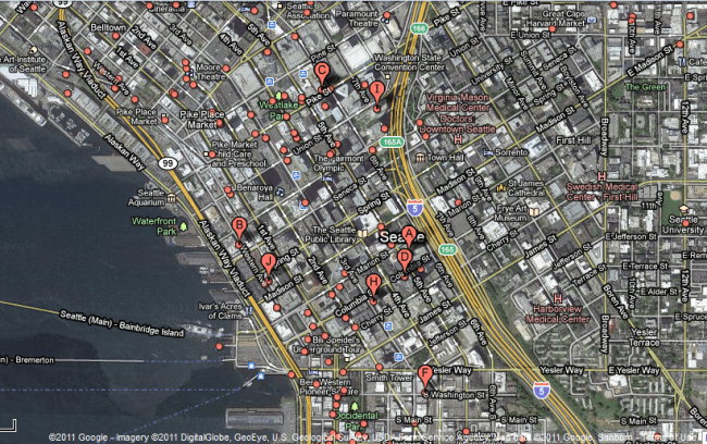Map of Seattle showing all the web design companies downtown