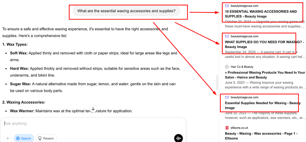 Image showing ChatGPT search results for What are the essential waxing accessories and supplies query