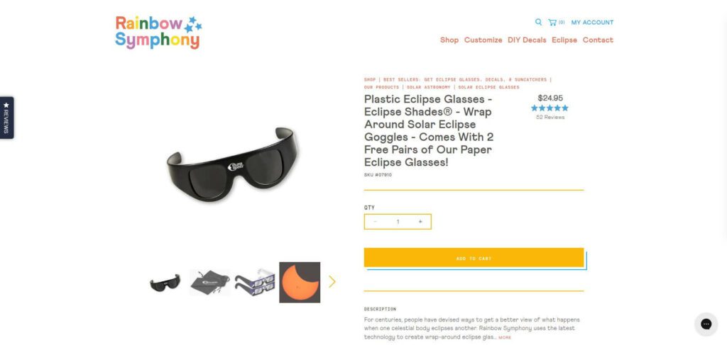The product page for Rainbow Symphony eclipse glasses