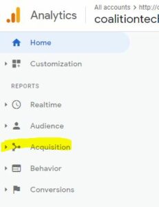 screenshot of Google Analytics dashboard with Acquisition highlighted