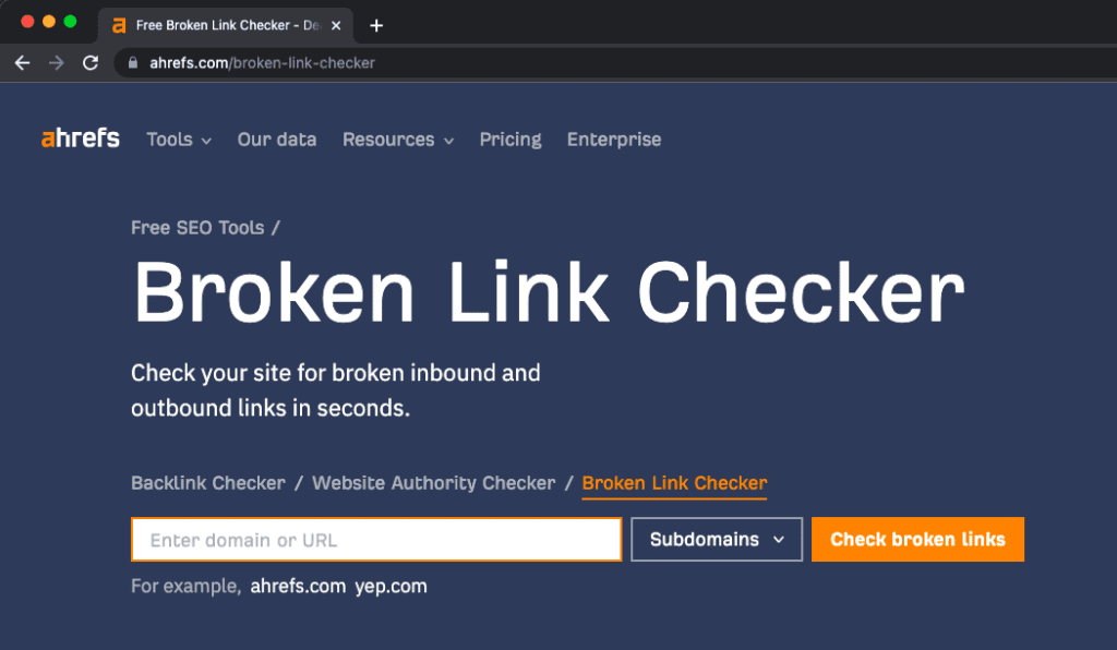 Screenshot of the broken link checker at Ahrefs.com