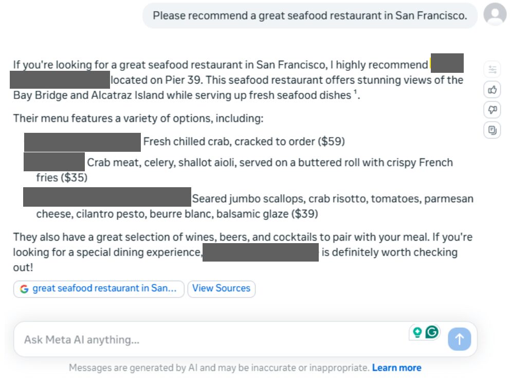 AI-generated restaurant recommendation highlighting a featured result, demonstrating AI SEO success by Coalition Technologies