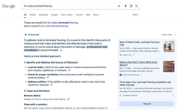 Google search results with AI Overview answering a flooring repair query