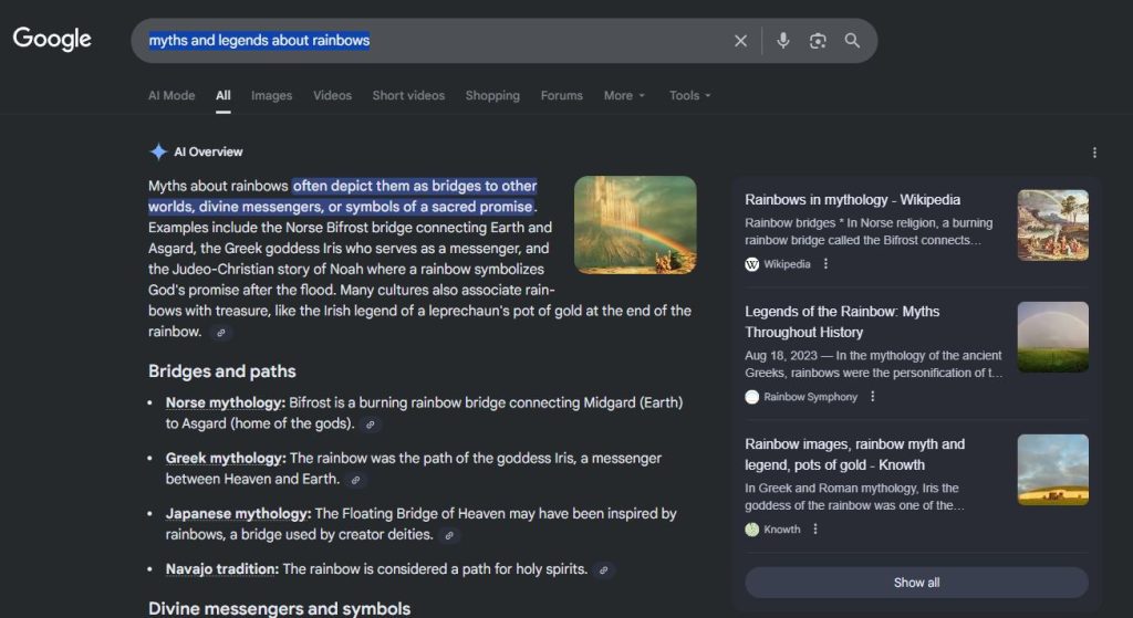 Google AI Overview of myths and legends about rainbows