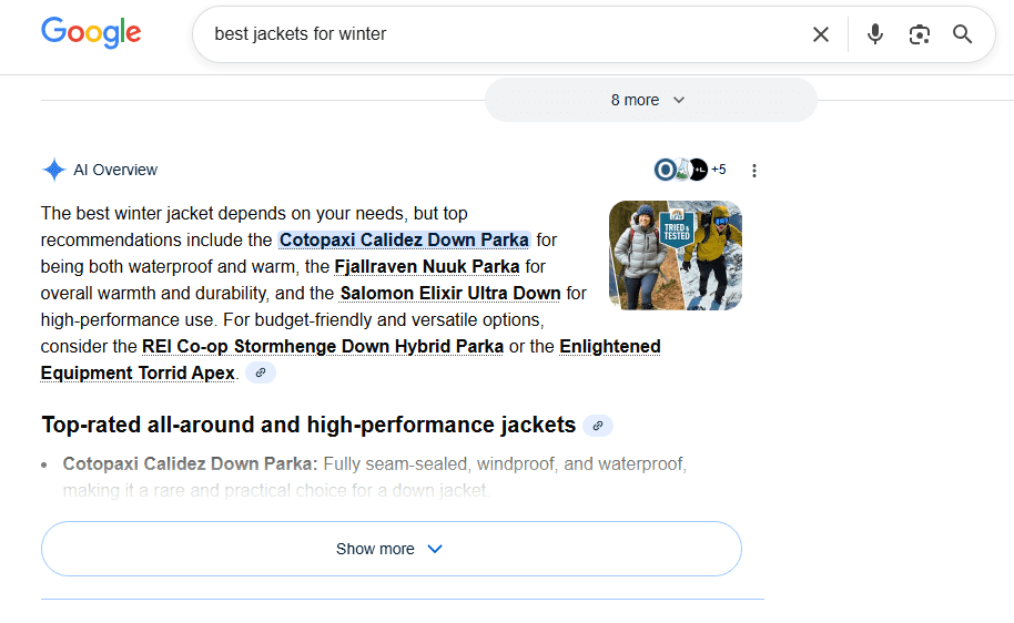 A screenshot of AI Overview answers to a search query