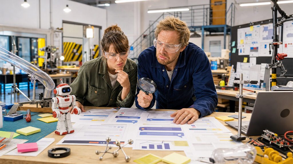 Two people in safety goggles examine AI search result printouts with a magnifying glass in a workshop, testing AI SEO myths.