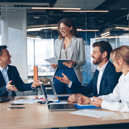 Team discussing AI marketing strategy and content planning in a meeting