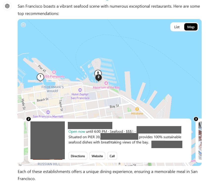 AI search results map showing recommended businesses, illustrating successful ChatGPT visibility