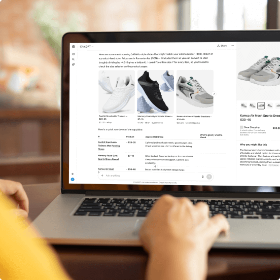 shopping results for rubber shoes in AI displayed on a laptop